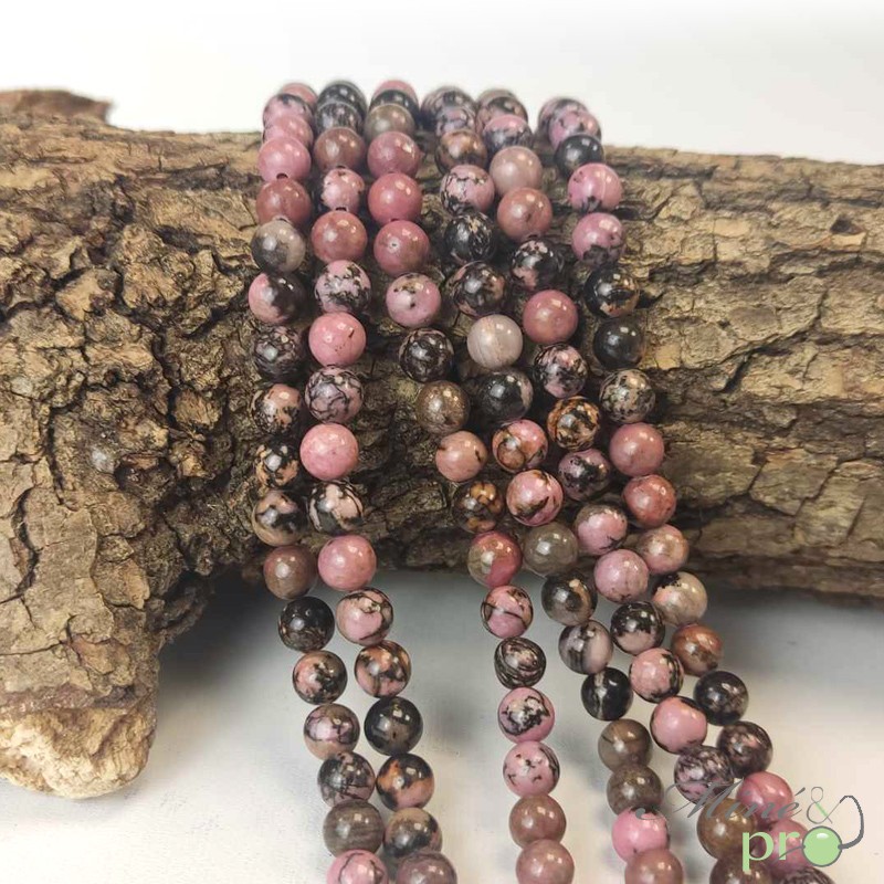 Rhodonite Rose Et Noire Naturelle En Perles Rondes Mm Fil Complet